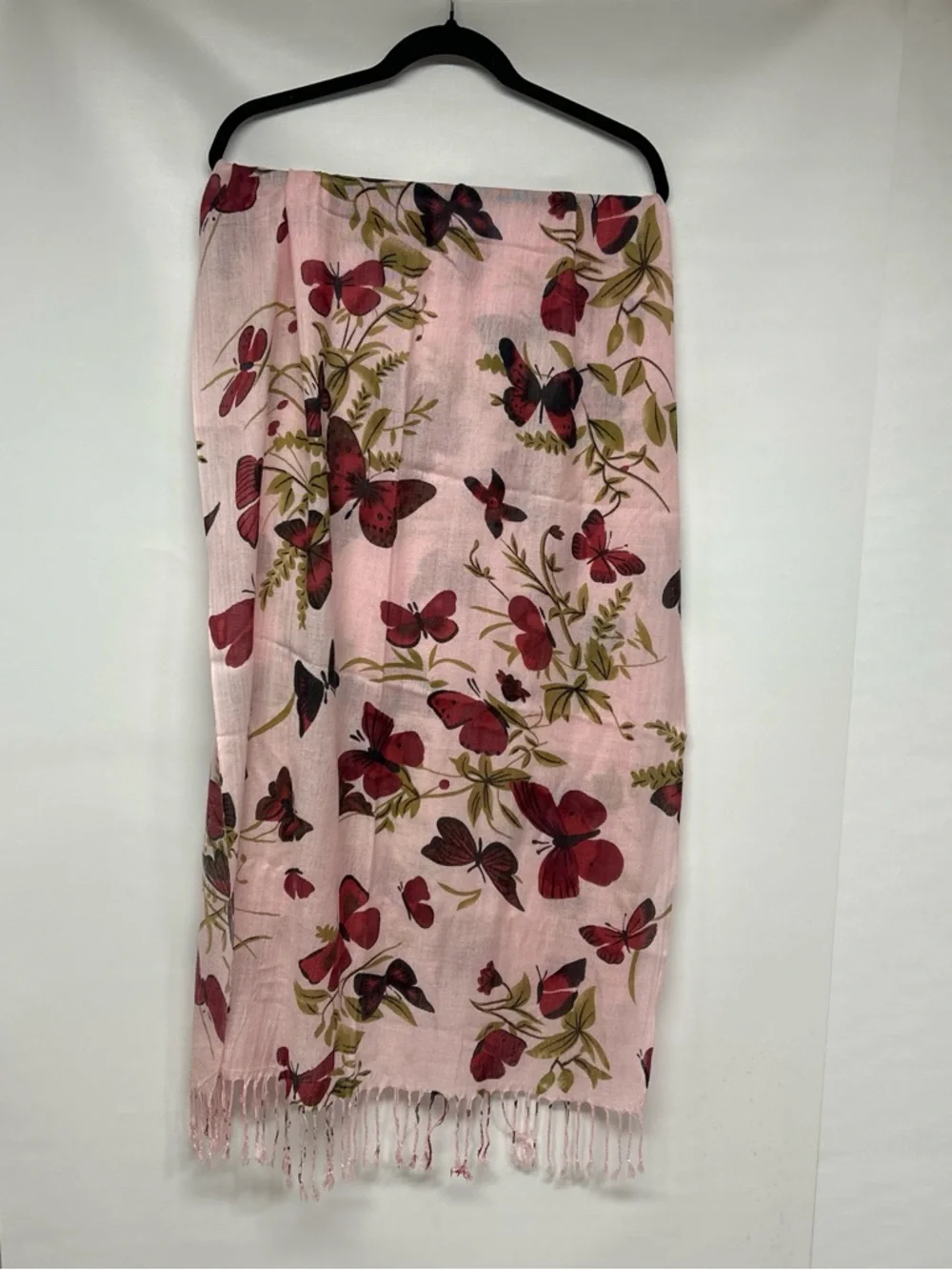 Soft Pink Butterfly Print Scarf with Fringe